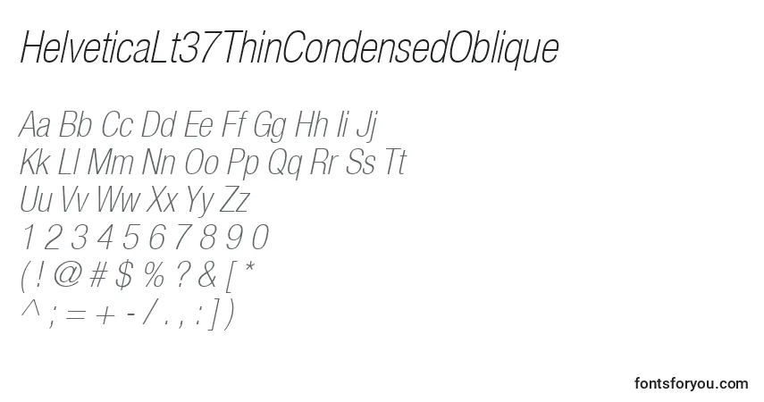 A fonte HelveticaLt37ThinCondensedOblique – alfabeto, números, caracteres especiais