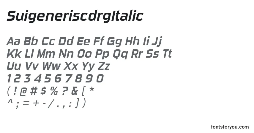 A fonte SuigeneriscdrgItalic – alfabeto, números, caracteres especiais