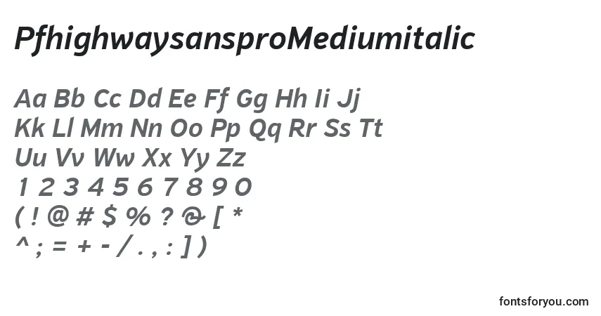 Schriftart PfhighwaysansproMediumitalic – Alphabet, Zahlen, spezielle Symbole