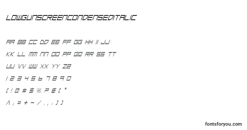 Шрифт LowGunScreenCondensedItalic – алфавит, цифры, специальные символы
