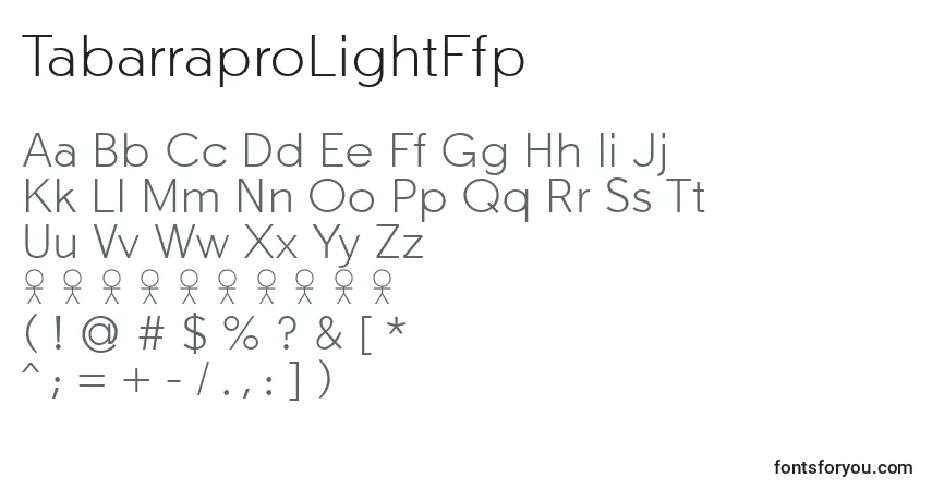 Czcionka TabarraproLightFfp – alfabet, cyfry, specjalne znaki