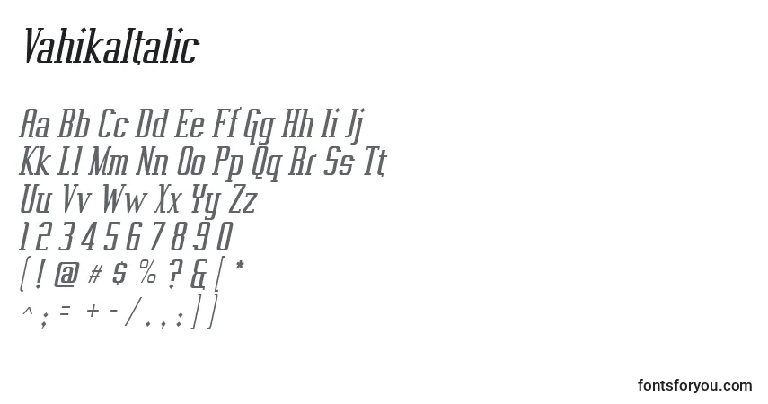 VahikaItalicフォント–アルファベット、数字、特殊文字