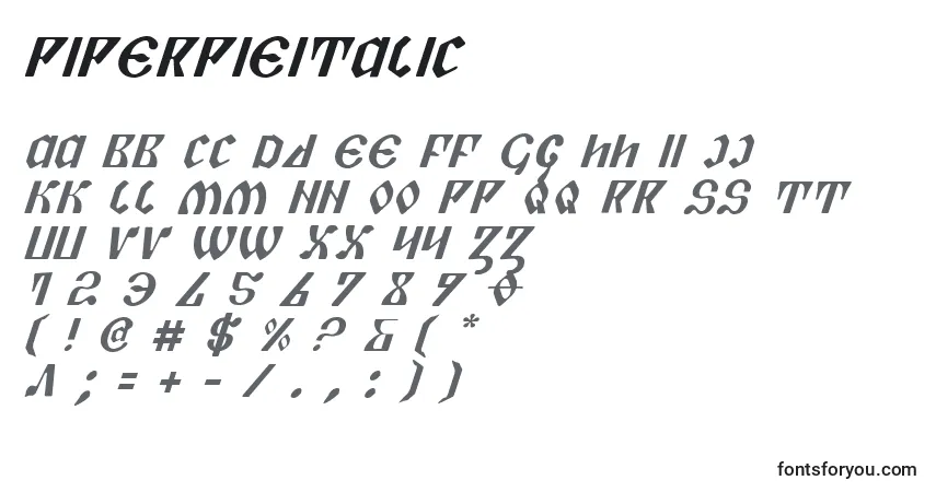 Czcionka PiperPieItalic – alfabet, cyfry, specjalne znaki