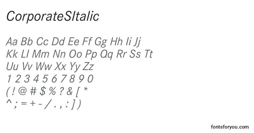Czcionka CorporateSItalic – alfabet, cyfry, specjalne znaki