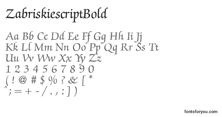 Шрифт ZabriskiescriptBold – алфавит, цифры, специальные символы