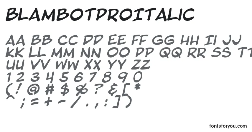 Schriftart BlambotProItalic – Alphabet, Zahlen, spezielle Symbole