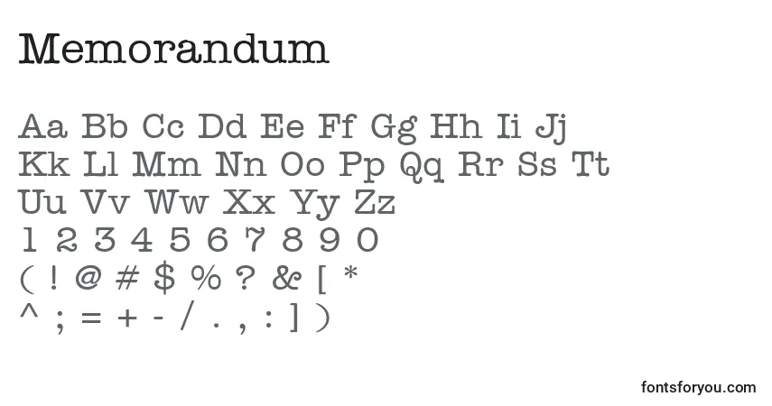 Czcionka Memorandum – alfabet, cyfry, specjalne znaki