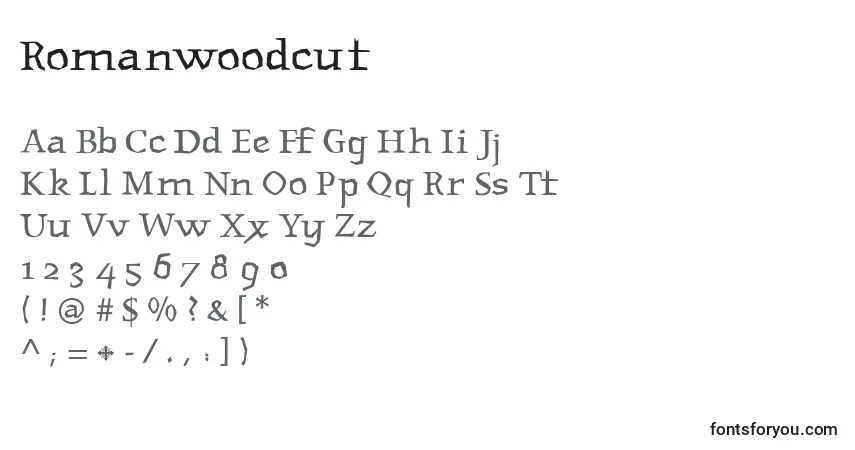 A fonte Romanwoodcut – alfabeto, números, caracteres especiais