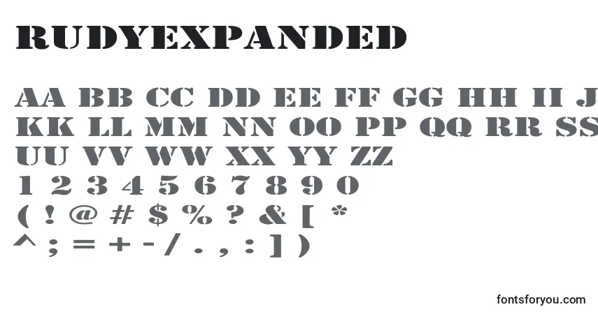 Czcionka RudyExpanded – alfabet, cyfry, specjalne znaki