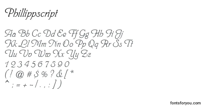Czcionka Phillippscript – alfabet, cyfry, specjalne znaki