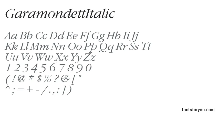 Шрифт GaramondettItalic – алфавит, цифры, специальные символы