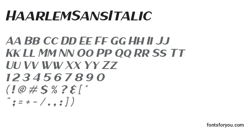 A fonte HaarlemSansItalic (118086) – alfabeto, números, caracteres especiais