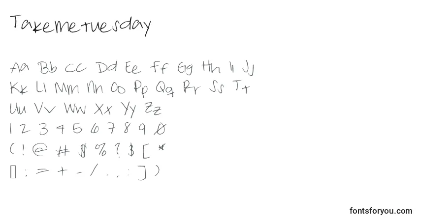 Schriftart Takemetuesday – Alphabet, Zahlen, spezielle Symbole