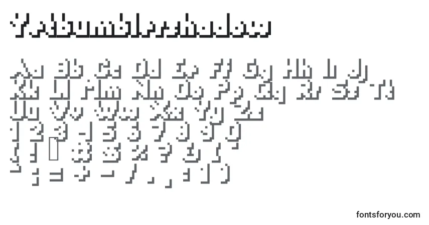 Czcionka Yetbumblershadow – alfabet, cyfry, specjalne znaki
