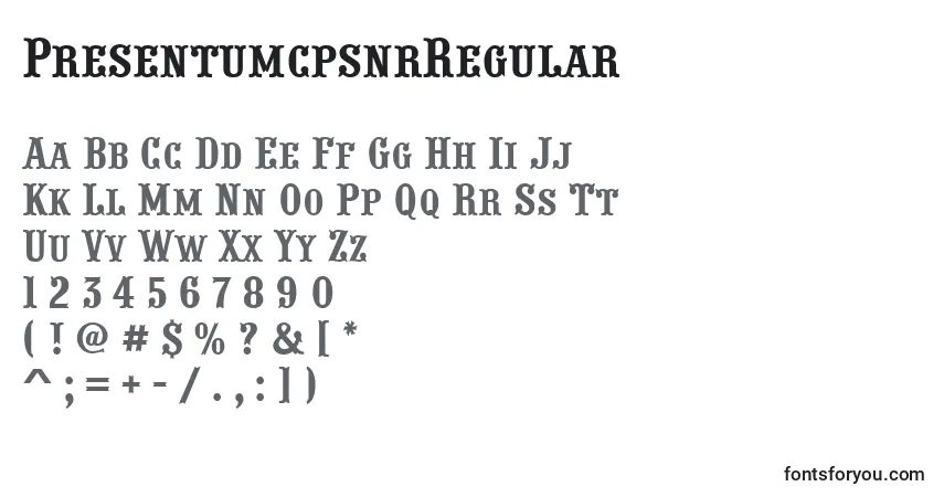 Czcionka PresentumcpsnrRegular – alfabet, cyfry, specjalne znaki