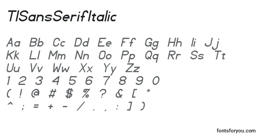 A fonte TlSansSerifItalic – alfabeto, números, caracteres especiais