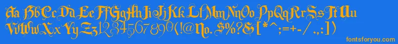 フォントLhfbeckermonogramenglish – オレンジ色の文字が青い背景にあります。