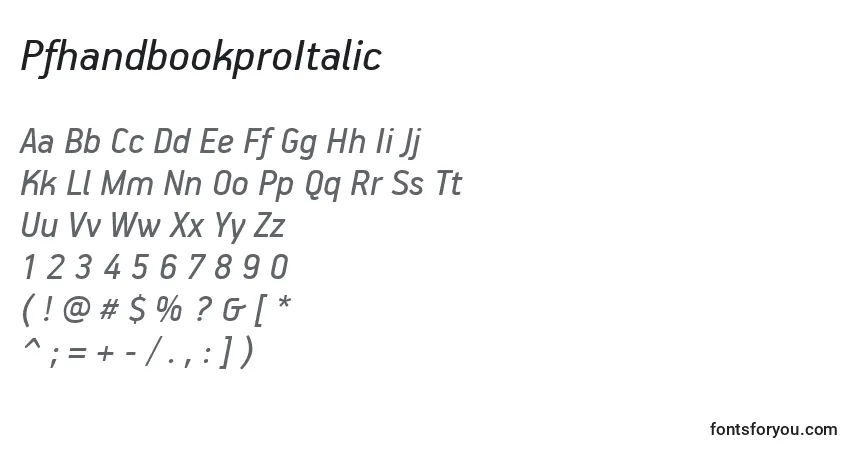 A fonte PfhandbookproItalic – alfabeto, números, caracteres especiais