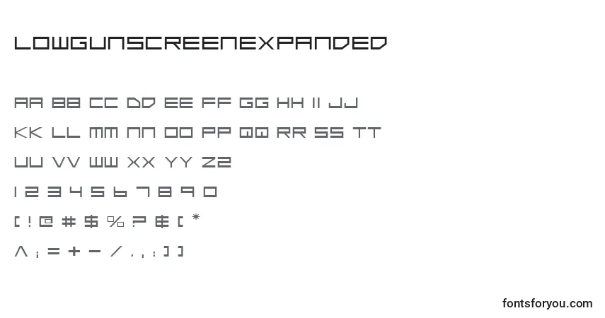 Schriftart LowGunScreenExpanded – Alphabet, Zahlen, spezielle Symbole