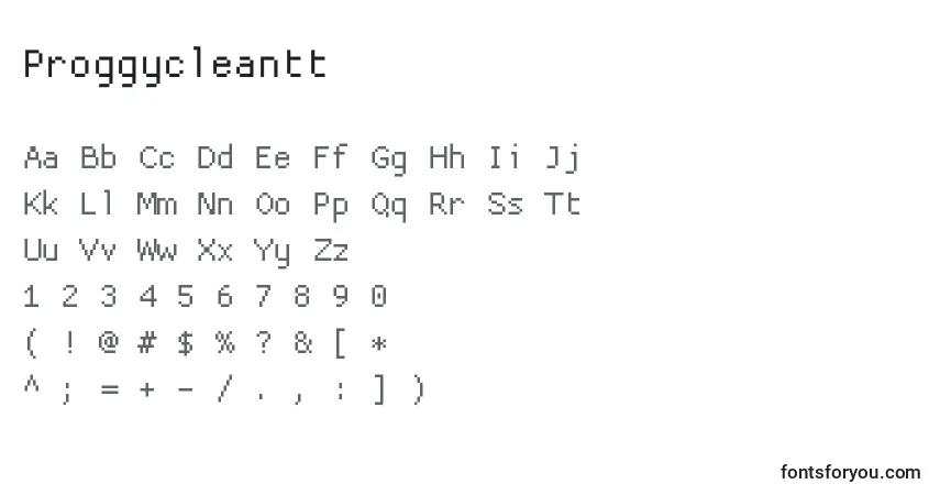 Czcionka Proggycleantt – alfabet, cyfry, specjalne znaki
