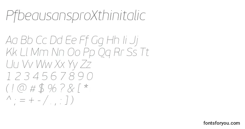 Czcionka PfbeausansproXthinitalic – alfabet, cyfry, specjalne znaki