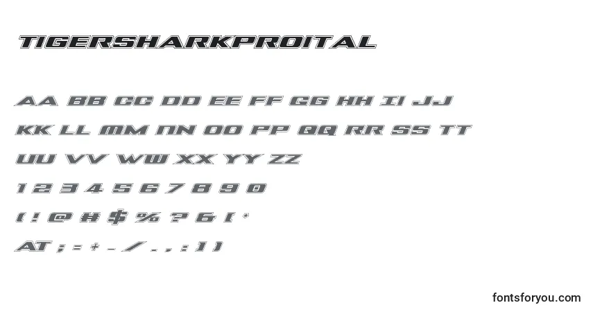 Schriftart Tigersharkproital – Alphabet, Zahlen, spezielle Symbole