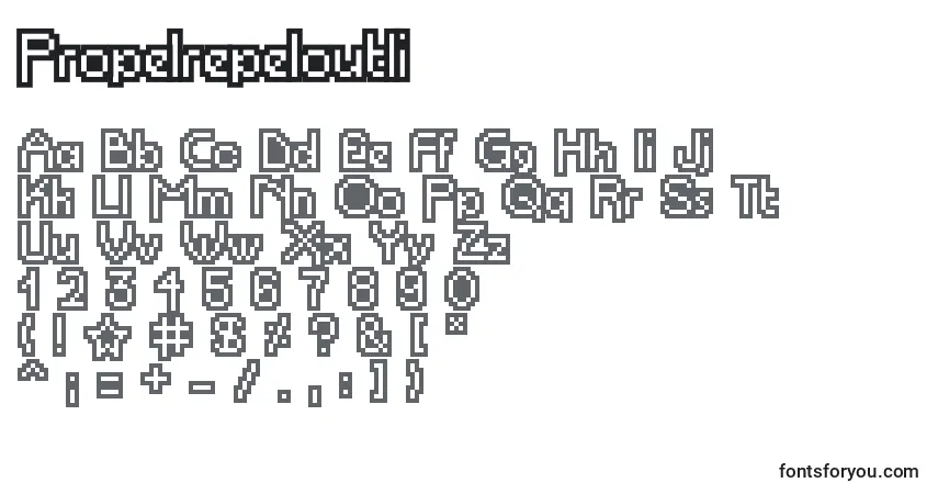 Czcionka Propelrepeloutli – alfabet, cyfry, specjalne znaki