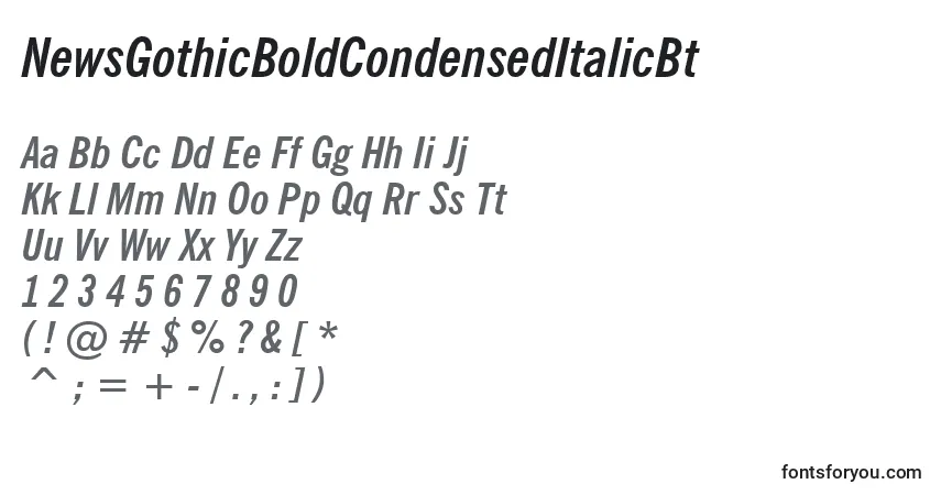 Шрифт NewsGothicBoldCondensedItalicBt – алфавит, цифры, специальные символы