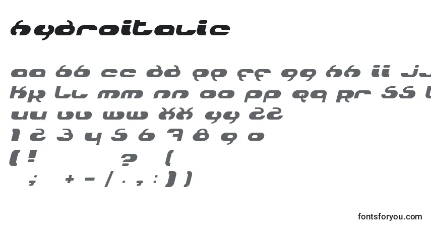 Czcionka HydroItalic – alfabet, cyfry, specjalne znaki