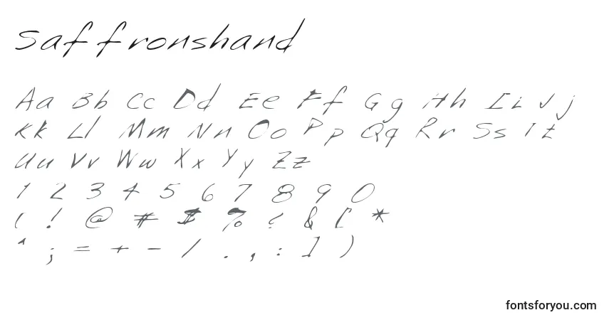 Czcionka Saffronshand – alfabet, cyfry, specjalne znaki