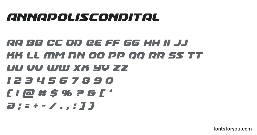 Czcionka Annapoliscondital – alfabet, cyfry, specjalne znaki