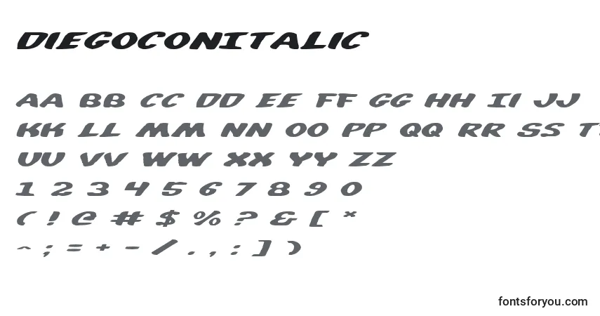 Schriftart DiegoconItalic – Alphabet, Zahlen, spezielle Symbole