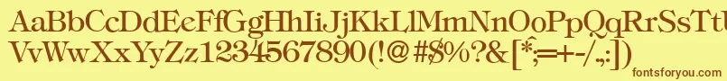 フォントT731RomanRegular – 茶色の文字が黄色の背景にあります。