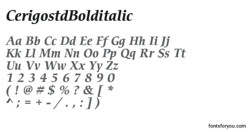 Czcionka CerigostdBolditalic – alfabet, cyfry, specjalne znaki