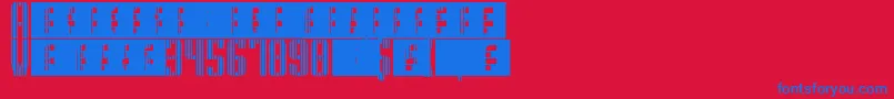 SupergunsVertical-Schriftart – Blaue Schriften auf rotem Hintergrund
