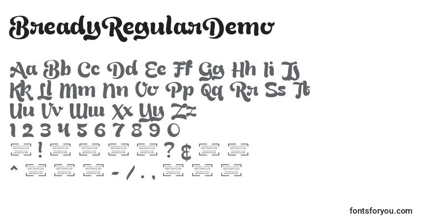 A fonte BreadyRegularDemo – alfabeto, números, caracteres especiais