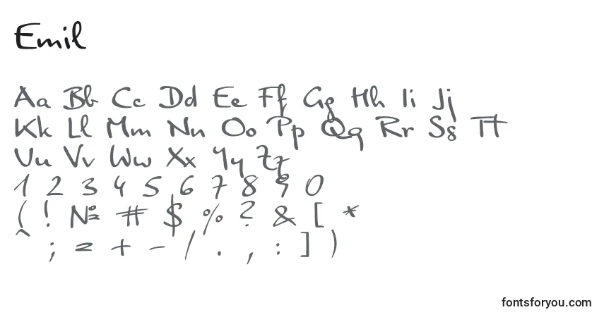 Schriftart Emil – Alphabet, Zahlen, spezielle Symbole