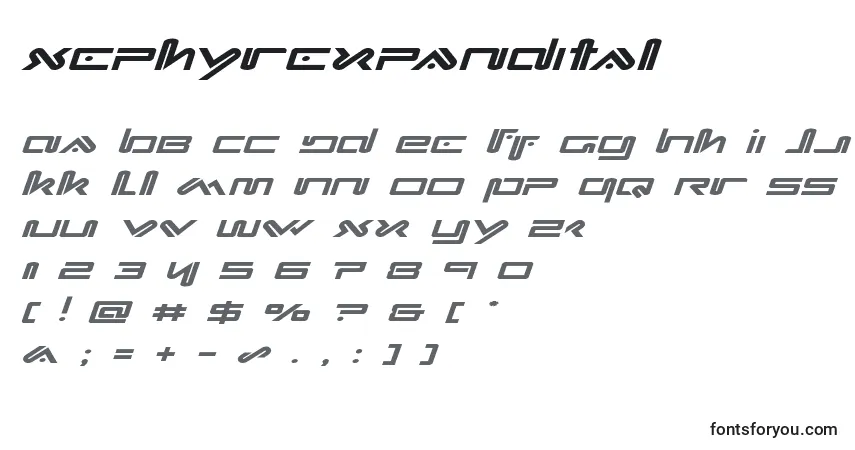 Schriftart Xephyrexpandital – Alphabet, Zahlen, spezielle Symbole