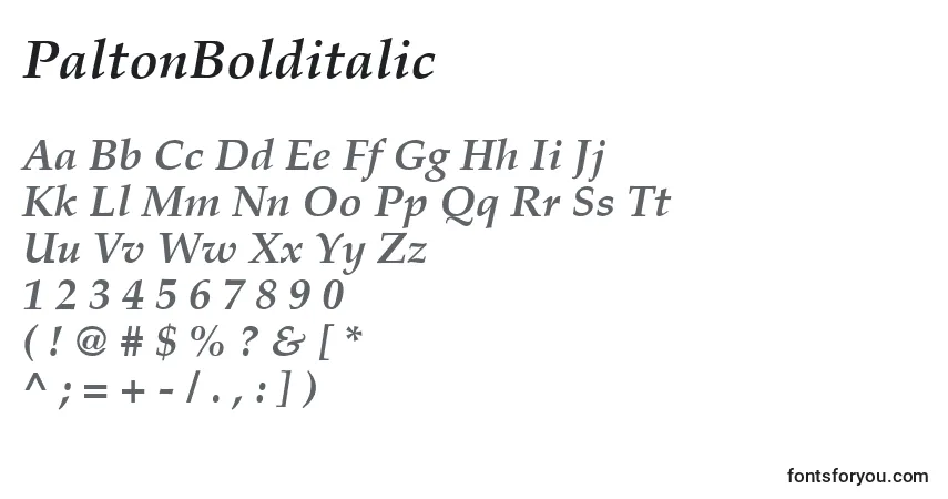 Czcionka PaltonBolditalic – alfabet, cyfry, specjalne znaki
