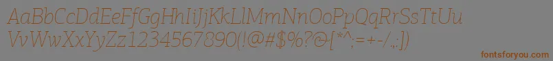 フォントPfagoraslabproExtrathinitalic – 茶色の文字が灰色の背景にあります。