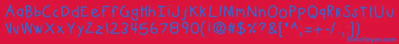 Kbkinderwritebold-Schriftart – Blaue Schriften auf rotem Hintergrund