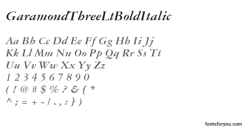 Czcionka GaramondThreeLtBoldItalic – alfabet, cyfry, specjalne znaki