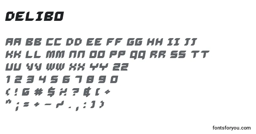A fonte Delibo – alfabeto, números, caracteres especiais