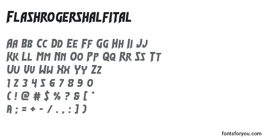 Czcionka Flashrogershalfital – alfabet, cyfry, specjalne znaki