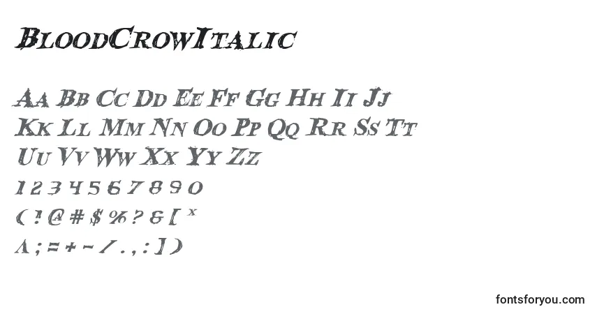 Czcionka BloodCrowItalic – alfabet, cyfry, specjalne znaki