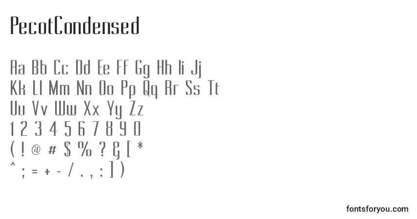 A fonte PecotCondensed – alfabeto, números, caracteres especiais