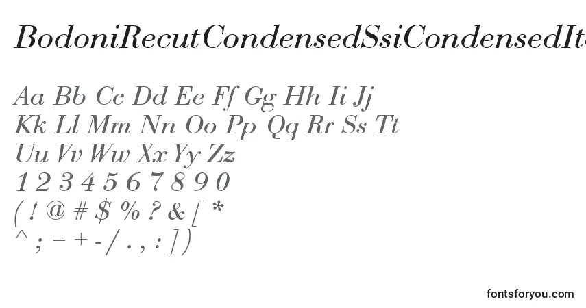 Шрифт BodoniRecutCondensedSsiCondensedItalic – алфавит, цифры, специальные символы