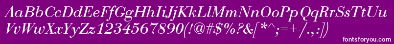 Fonte BodoniRecutCondensedSsiCondensedItalic – fontes brancas em um fundo violeta