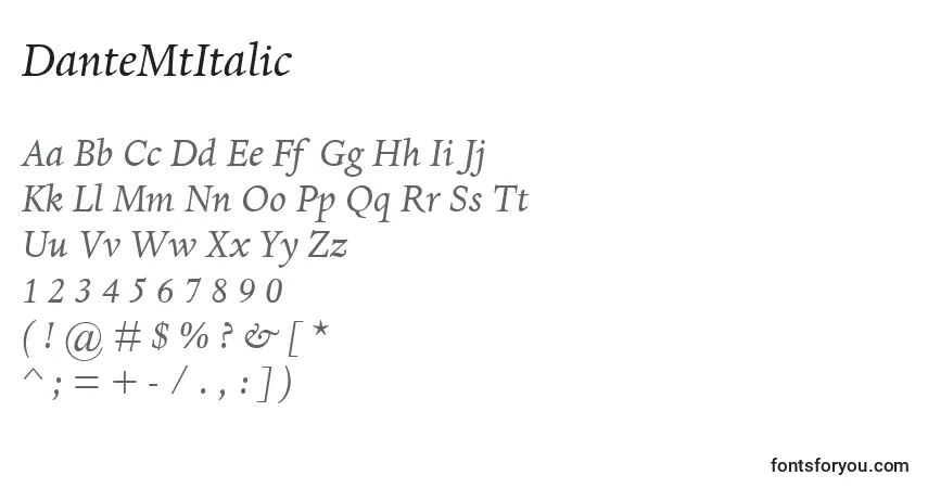 Czcionka DanteMtItalic – alfabet, cyfry, specjalne znaki