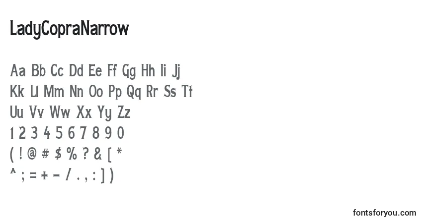 Czcionka LadyCopraNarrow – alfabet, cyfry, specjalne znaki